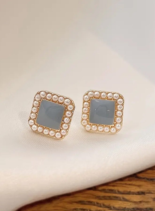 Ready For Chai Chic Vintage-Inspired Blue Geometric Square Stud Earrings for Women - 925 Silvery Post, Alloy with Plastic Inlay, Perfect for Everyday & Party Wear - Image 4