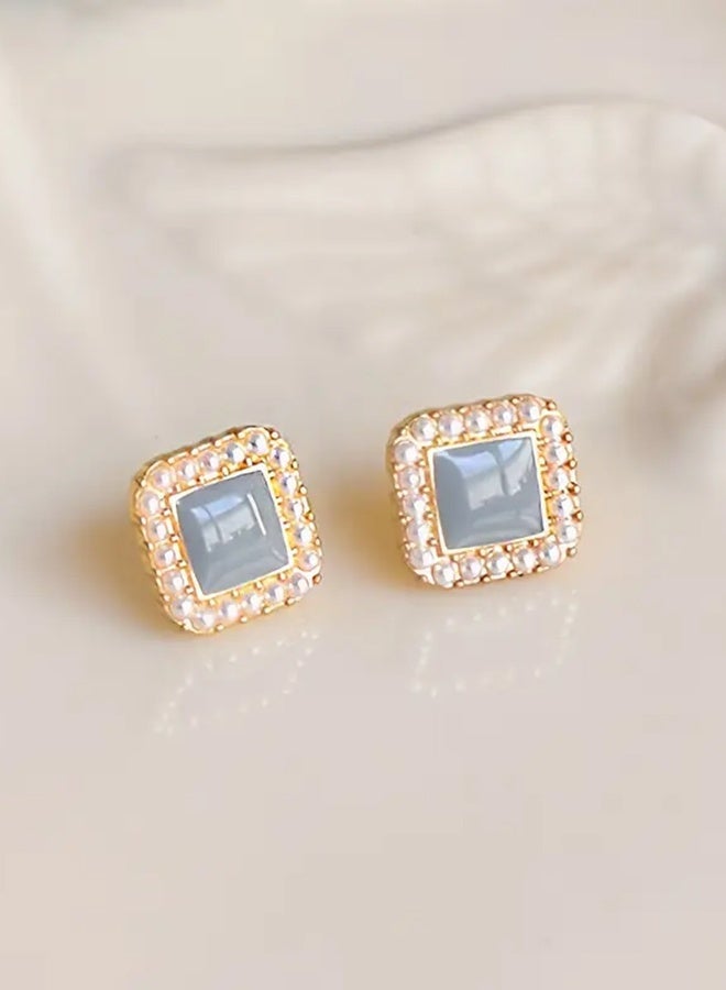 Ready For Chai Chic Vintage-Inspired Blue Geometric Square Stud Earrings for Women - 925 Silvery Post, Alloy with Plastic Inlay, Perfect for Everyday & Party Wear - Image 2
