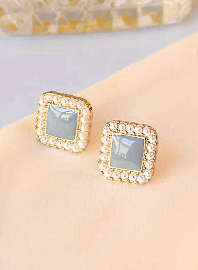 Ready For Chai Chic Vintage-Inspired Blue Geometric Square Stud Earrings for Women - 925 Silvery Post, Alloy with Plastic Inlay, Perfect for Everyday & Party Wear - Image 3
