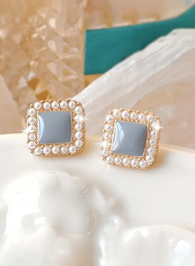 Ready For Chai Chic Vintage-Inspired Blue Geometric Square Stud Earrings for Women - 925 Silvery Post, Alloy with Plastic Inlay, Perfect for Everyday & Party Wear - Image 1