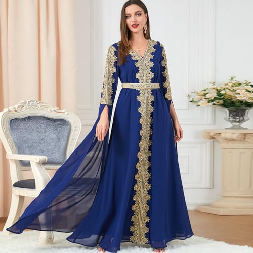 AFAVOM Moroccan Kaftan Dresses for Women Abaya Golden Lace Dress Handmade Embroidered Islamic Ramadan Eid Dress Traditional Arabic Dubai Muslim Prayer Robe Wedding Party Gown Royal Blue L - Image 3