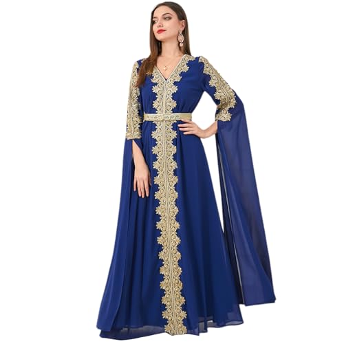 AFAVOM Moroccan Kaftan Dresses for Women Abaya Golden Lace Dress Handmade Embroidered Islamic Ramadan Eid Dress Traditional Arabic Dubai Muslim Prayer Robe Wedding Party Gown Royal Blue L - Image 1