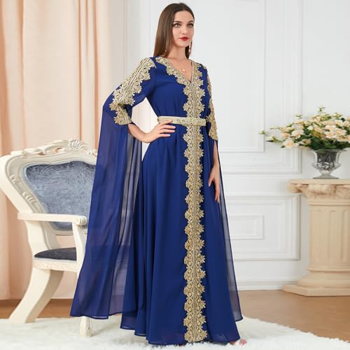 AFAVOM Moroccan Kaftan Dresses for Women Abaya Golden Lace Dress Handmade Embroidered Islamic Ramadan Eid Dress Traditional Arabic Dubai Muslim Prayer Robe Wedding Party Gown Royal Blue L - Image 2