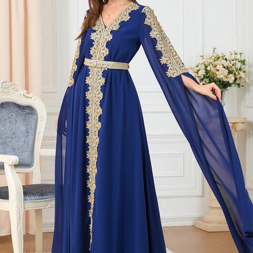 AFAVOM Moroccan Kaftan Dresses for Women Abaya Golden Lace Dress Handmade Embroidered Islamic Ramadan Eid Dress Traditional Arabic Dubai Muslim Prayer Robe Wedding Party Gown Royal Blue L - Image 5
