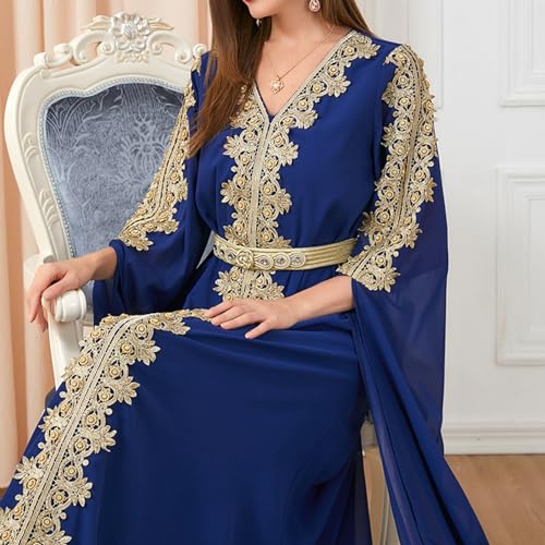 AFAVOM Moroccan Kaftan Dresses for Women Abaya Golden Lace Dress Handmade Embroidered Islamic Ramadan Eid Dress Traditional Arabic Dubai Muslim Prayer Robe Wedding Party Gown Royal Blue L - Image 4