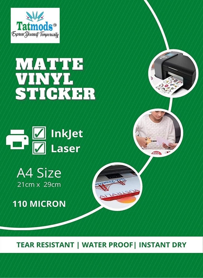 Tatmods White Matte Vinyl Sticker Paper A4 Size Pack of 20 Sheets Inkjet Printer Compatible Waterproof, Instant Dry, Self-Adhesive & Tear-Resistant Ideal for DIY Crafts, Art & Label Printing - Image 1
