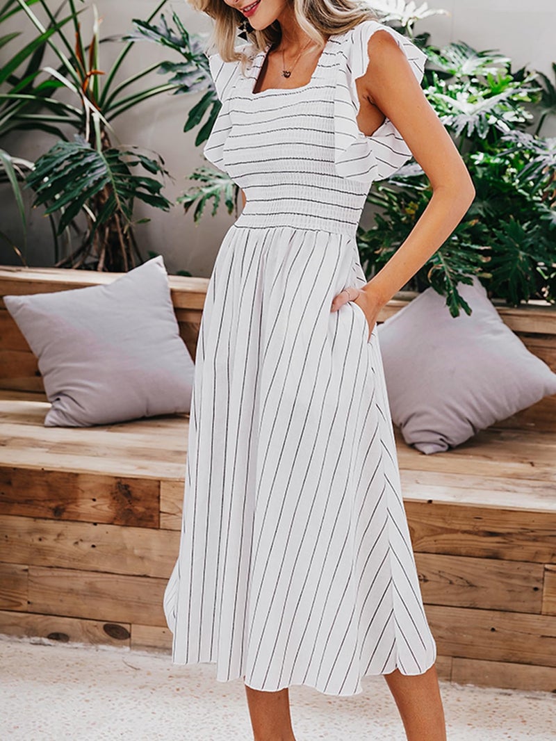 Miessial Womens Summer Midi Smocked Dress 2025 Elegant Square Neck Striped Linen Materity Dress Boho Beach Wedding Guest Dresses with Pockets White,S - Image 4