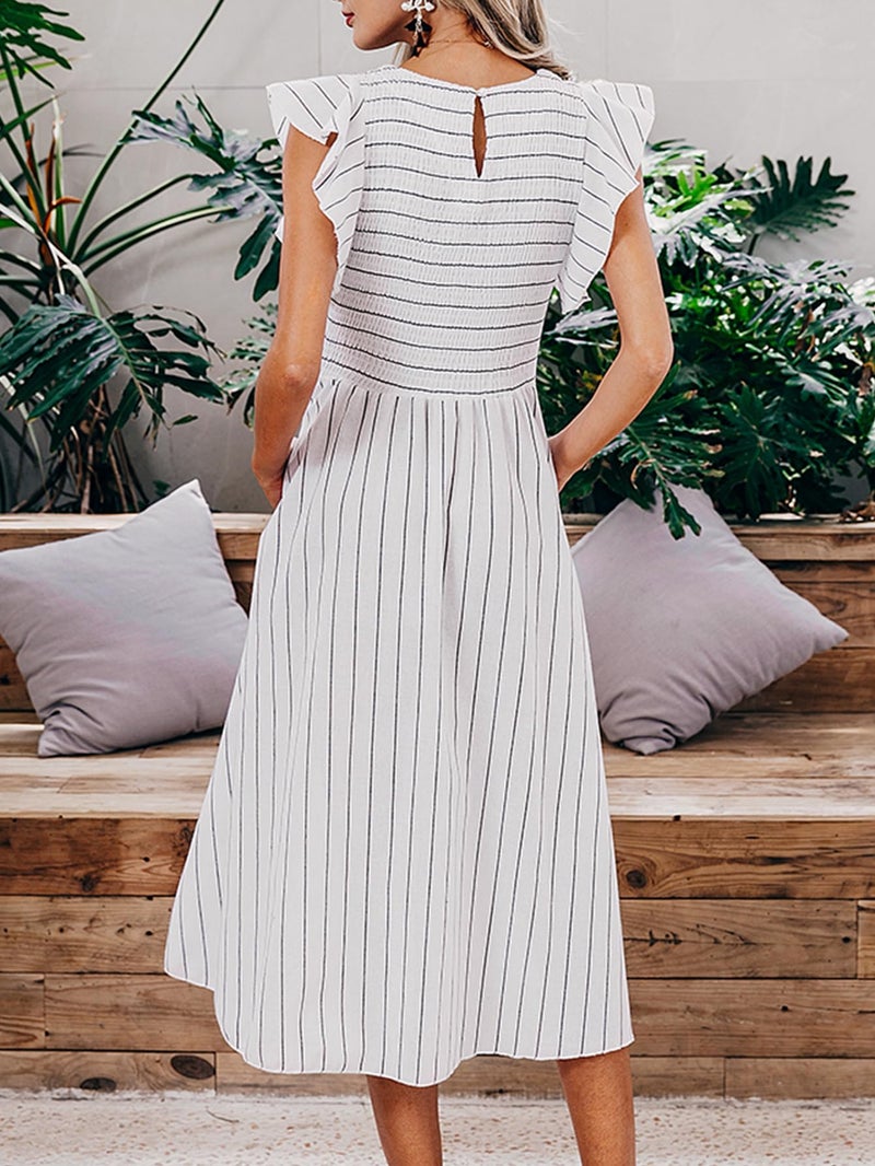 Miessial Womens Summer Midi Smocked Dress 2025 Elegant Square Neck Striped Linen Materity Dress Boho Beach Wedding Guest Dresses with Pockets White,S - Image 3