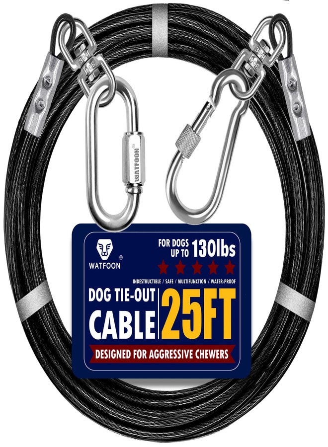 WATFOON Dog Leads for Yard, 25ft Tie Out Runner Steel Wire Cable, Heavy Duty Pet Tether Chains for Dogs Up to 130 Lbs, Outside, Camping, Park(25ft-Black) - Image 1