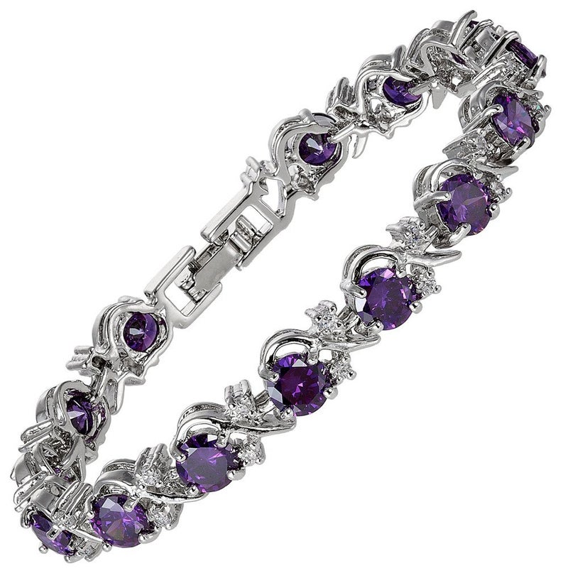 RIZILIA BLOSSOM Round Simulated Purple Amethyst and White Cubic Zirconia 18K White Gold Plated Tennis Bracelet, 7" - Image 1