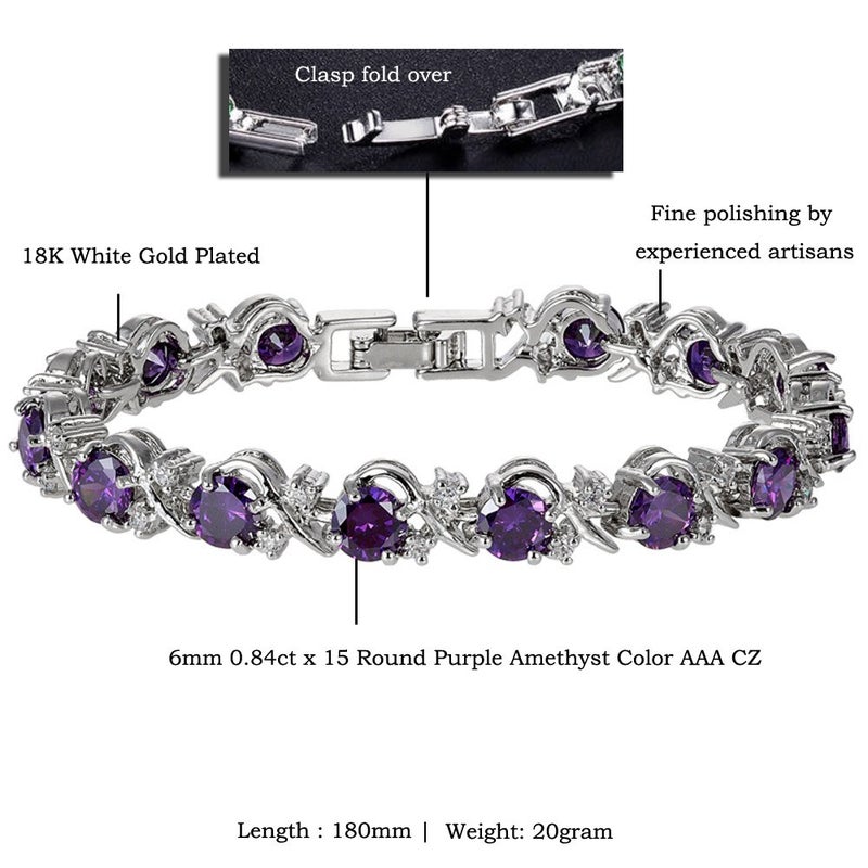 RIZILIA BLOSSOM Round Simulated Purple Amethyst and White Cubic Zirconia 18K White Gold Plated Tennis Bracelet, 7" - Image 2