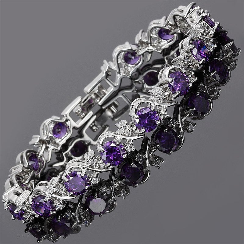 RIZILIA BLOSSOM Round Simulated Purple Amethyst and White Cubic Zirconia 18K White Gold Plated Tennis Bracelet, 7" - Image 3