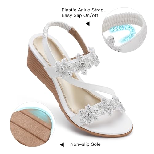 SHIBEVER Wedge Sandals for Women Dressy Summer White Open Toe Low Platform Wedges Sandals Flower Comfortable Casual Shoes Size 6 - Image 5