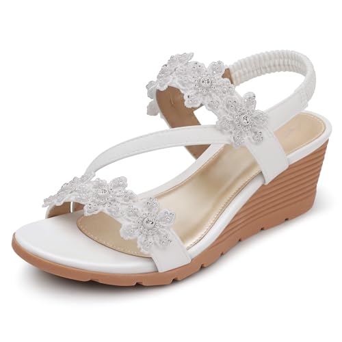 SHIBEVER Wedge Sandals for Women Dressy Summer White Open Toe Low Platform Wedges Sandals Flower Comfortable Casual Shoes Size 6 - Image 1