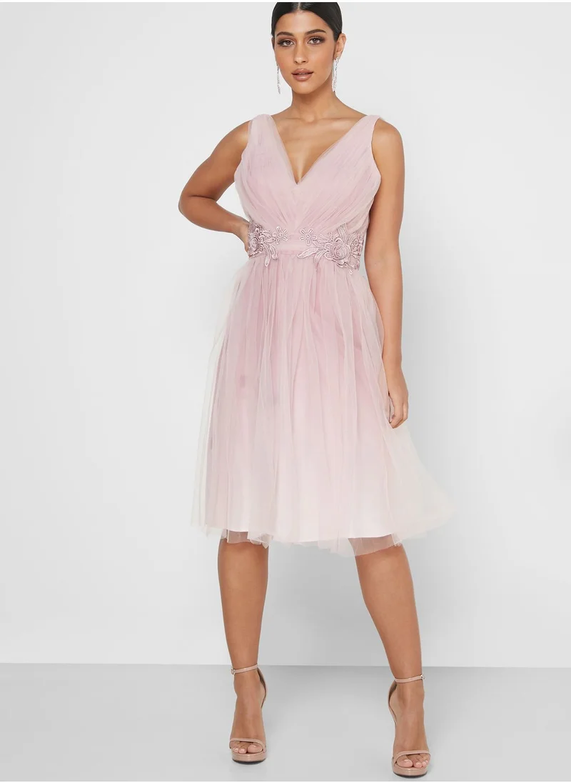 Chi-Chi London Plunge Mesh Belted Dress