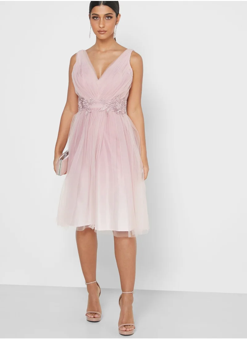 Chi-Chi London Plunge Mesh Belted Dress