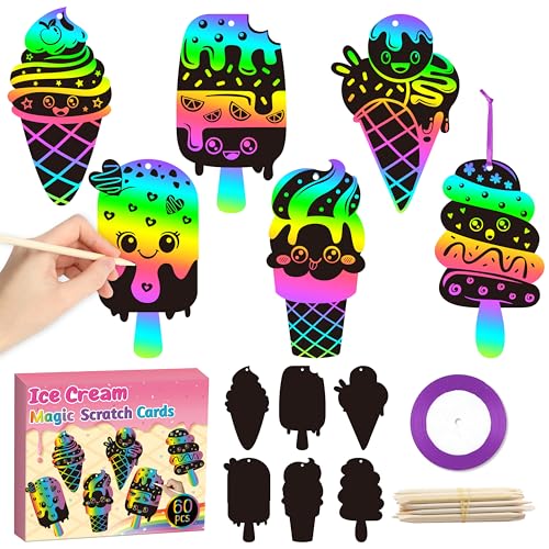 CY2SIDE Ice Cream Scratch Cards 60PCS Summer Sweet Candy Ornament Scratch Crafts Card Gift Set for Kids Cones Magic Art Rainbow Color Craft Scratch Kit for Kids Birthday Party Favors School Activity - Image 1
