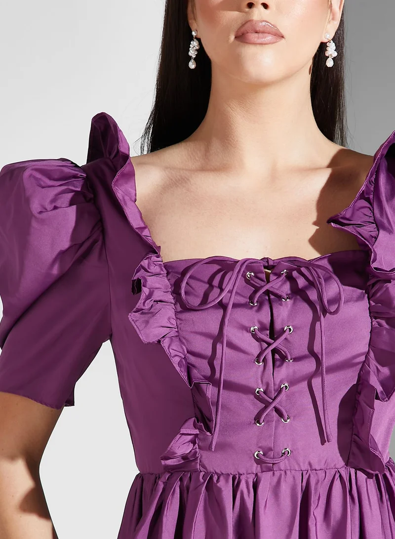 True Decadence Puff Sleeve Ruffle Detail Dress