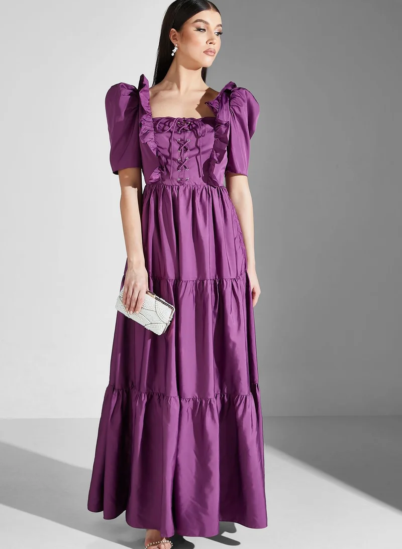 True Decadence Puff Sleeve Ruffle Detail Dress