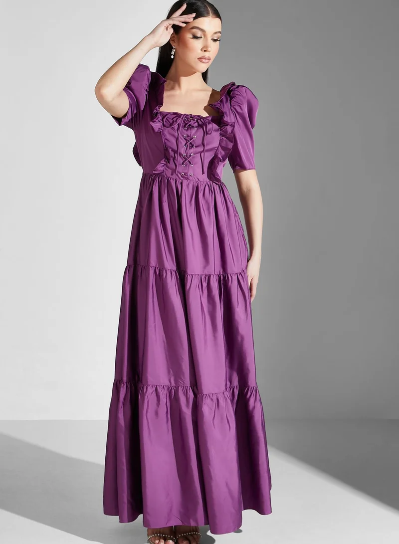 True Decadence Puff Sleeve Ruffle Detail Dress