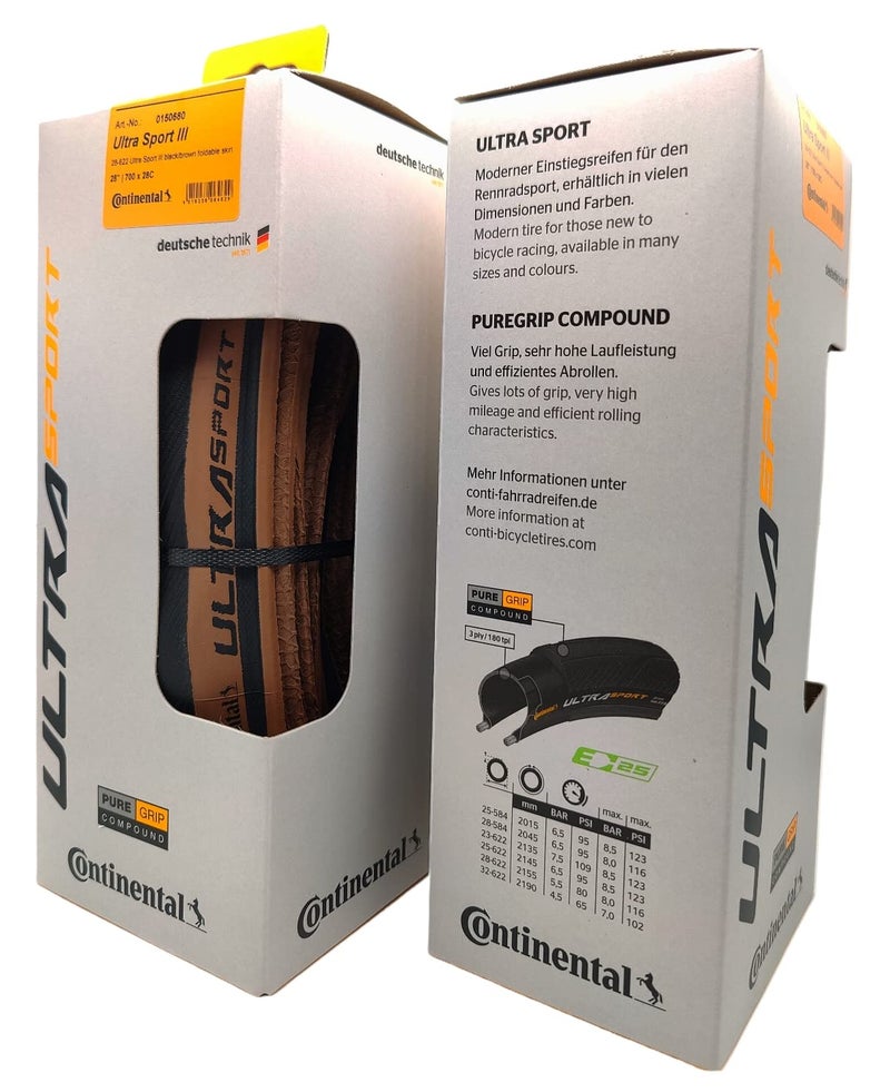 Continental Ultra Sport III - Road Bike Tire | Versatile Road Tire with Modern Tread Design - E25 Ebike Rated - PureGrip, 2 Pack (Black/Brown) (700x28) - Image 3
