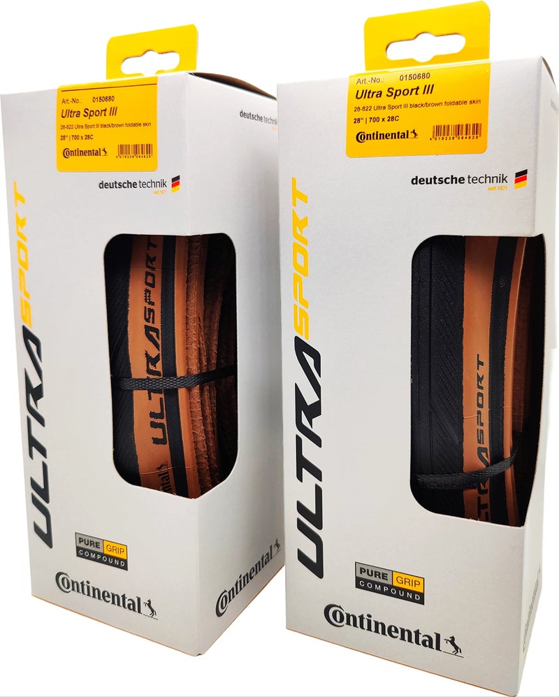Continental Ultra Sport III - Road Bike Tire | Versatile Road Tire with Modern Tread Design - E25 Ebike Rated - PureGrip, 2 Pack (Black/Brown) (700x28) - Image 1