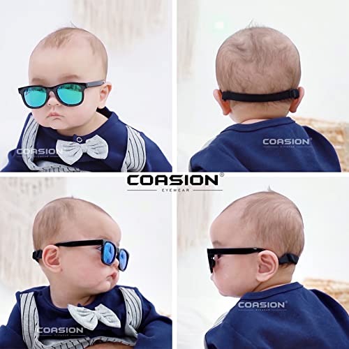 COASION نظارات شمسية مرنة وقابلة للانحناء للأطفال الرضع من COASION مع حزام للأولاد والبنات بعمر 0-12 شهرًا (أسود/أخضر عاكس) - Image 2