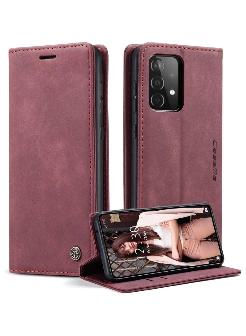 CaseMe Phone Case Luxury PU Leather Design 013 Flip Cover Card Slot Holder Cover For Samsung Galaxy A52 / A52s (Wine Red)  - Image 1