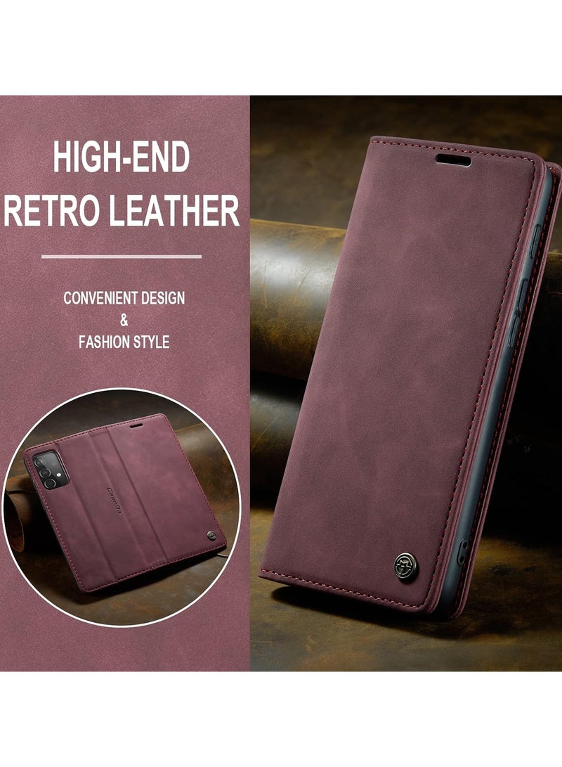 CaseMe Phone Case Luxury PU Leather Design 013 Flip Cover Card Slot Holder Cover For Samsung Galaxy A52 / A52s (Wine Red)  - Image 2