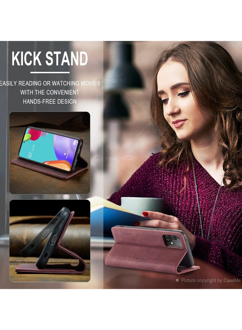 CaseMe Phone Case Luxury PU Leather Design 013 Flip Cover Card Slot Holder Cover For Samsung Galaxy A52 / A52s (Wine Red)  - Image 5