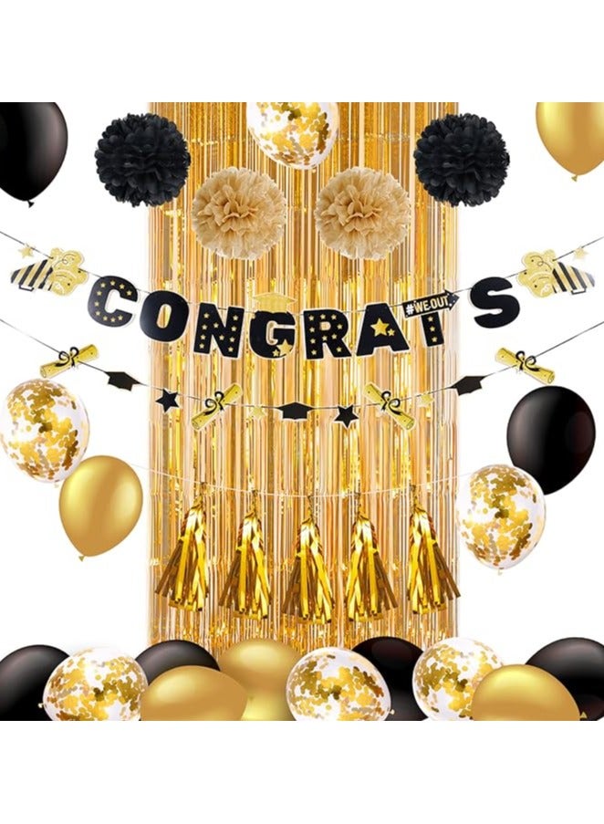 Graduation Party Decorations 2024, Gold Black Latex Balloons 2024,Congrats Graduation Banner 2024, Glod Tissue Paper Fans Pompoms, Graduation Sequin Balloons Decorations with Gold Curtain - Image 1