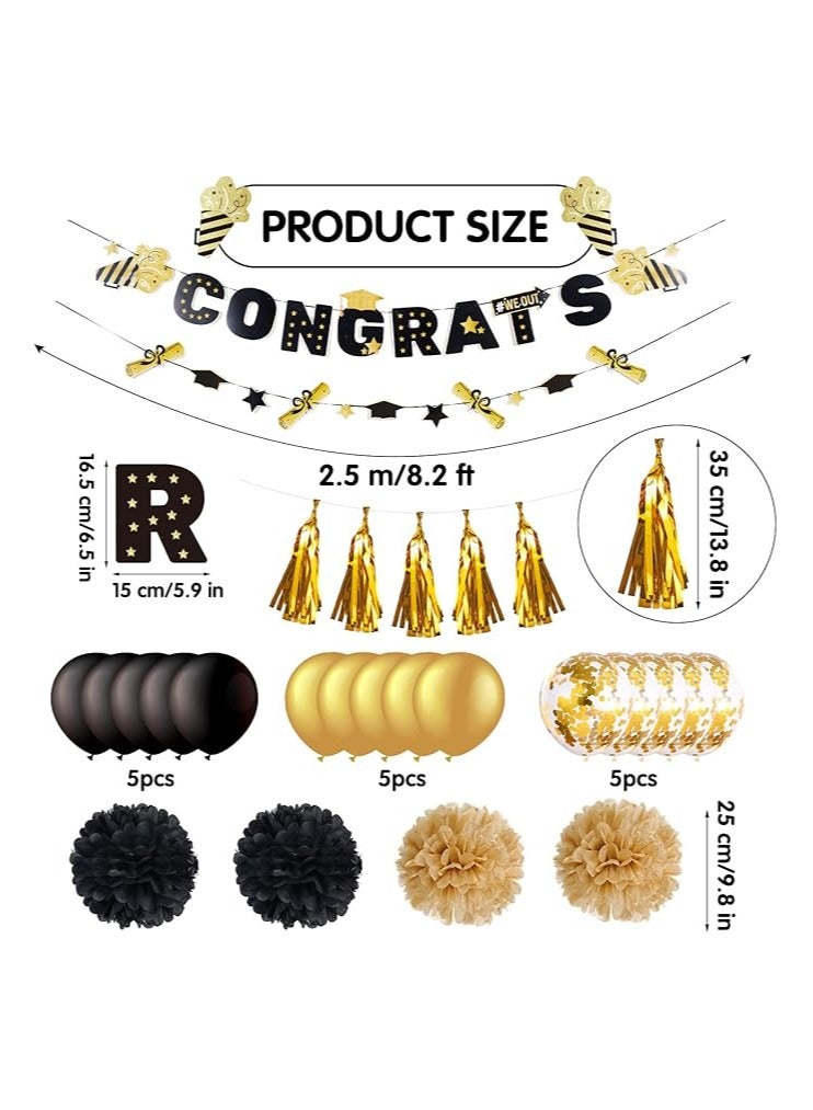 Graduation Party Decorations 2024, Gold Black Latex Balloons 2024,Congrats Graduation Banner 2024, Glod Tissue Paper Fans Pompoms, Graduation Sequin Balloons Decorations with Gold Curtain - Image 2