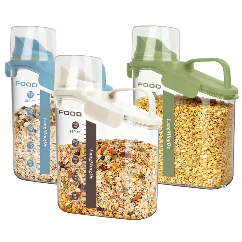 LANGMINGDE 3 Pieces Cereal Containers Storage, 51fl.oz/1.5L Compact Crystal Clear Dry Food Storage Containers with Pouring Spout Measuring Cup for Rice Nuts Beans Pet Food Snacks Candies, 3PCS - Image 1