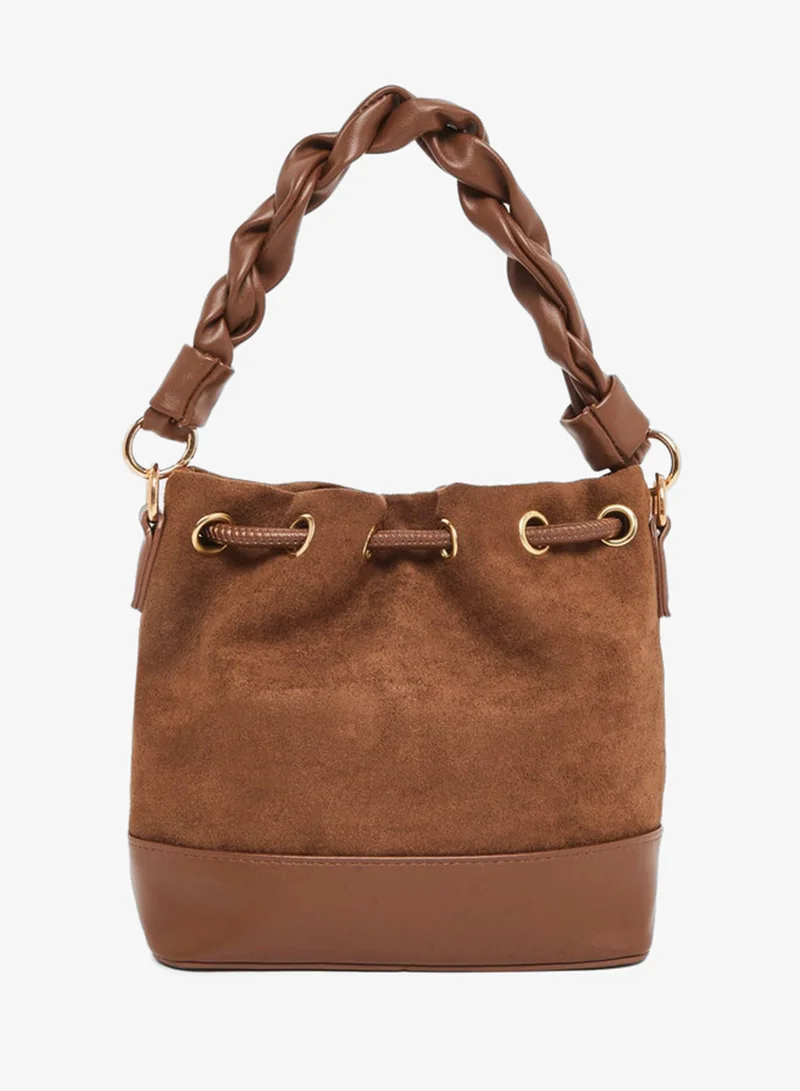 Styli  Brown Suede Bucket Bag with Braided Handle for Women | Best Price UAE