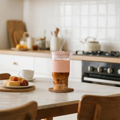BLUEPOLAR 23oz Glass Tumbler with Lid & Straw - Large Iced Coffee Cup, Leakproof & Portable for Office, Gym, Travel for Smoothies, Matcha (Pink with Sleeve) - Image 3