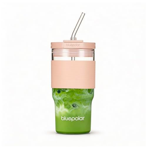 BLUEPOLAR 23oz Glass Tumbler with Lid & Straw - Large Iced Coffee Cup, Leakproof & Portable for Office, Gym, Travel for Smoothies, Matcha (Pink with Sleeve) - Image 1