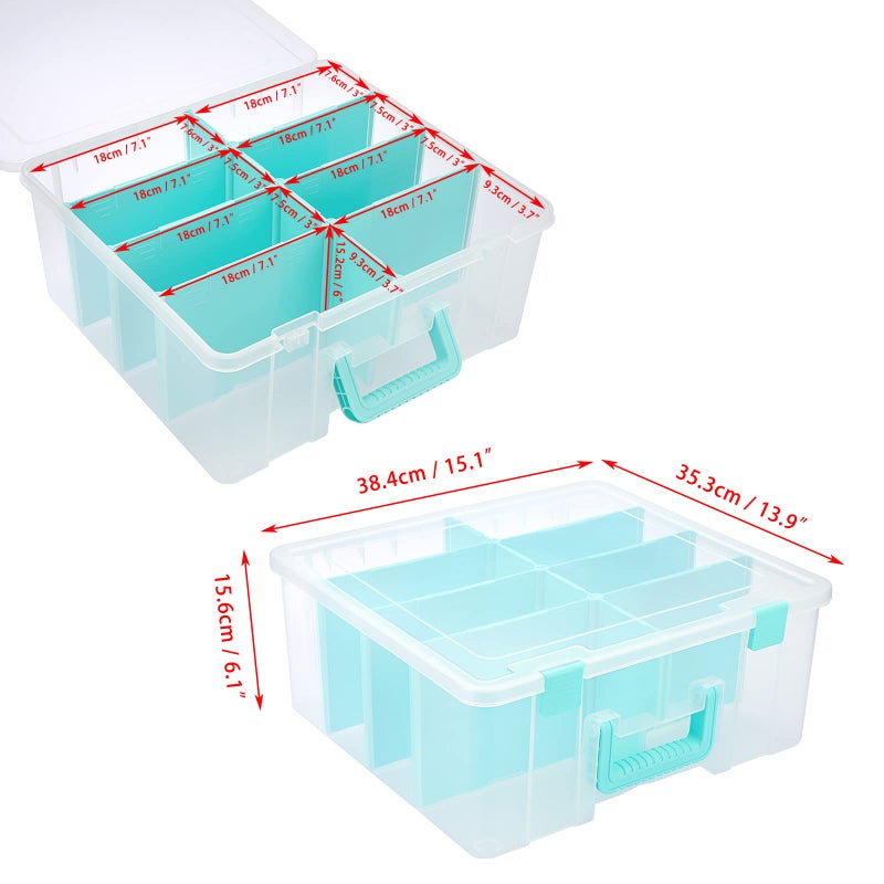 BTSKY Clear Plastic Dividing Storage Box with 8 Deep Compartments Adjustable Storage Bin with Lid Portable Craft Storage Container Multipurpose Sewing Box Art Supply Organizer, 15.1x13.9x6.1 Inches - Image 4