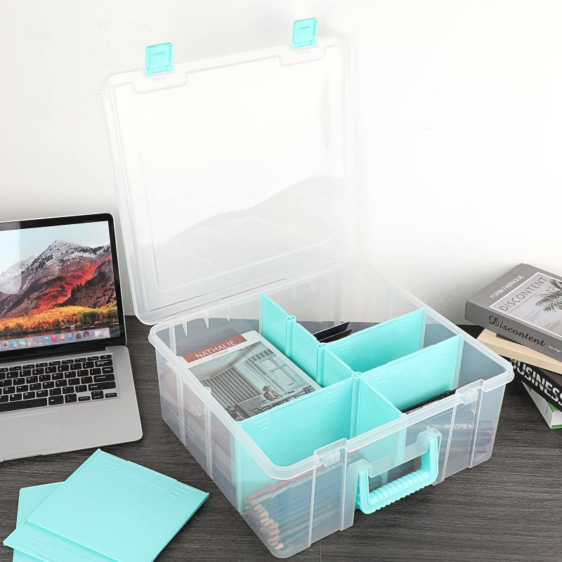 BTSKY Clear Plastic Dividing Storage Box with 8 Deep Compartments Adjustable Storage Bin with Lid Portable Craft Storage Container Multipurpose Sewing Box Art Supply Organizer, 15.1x13.9x6.1 Inches - Image 2