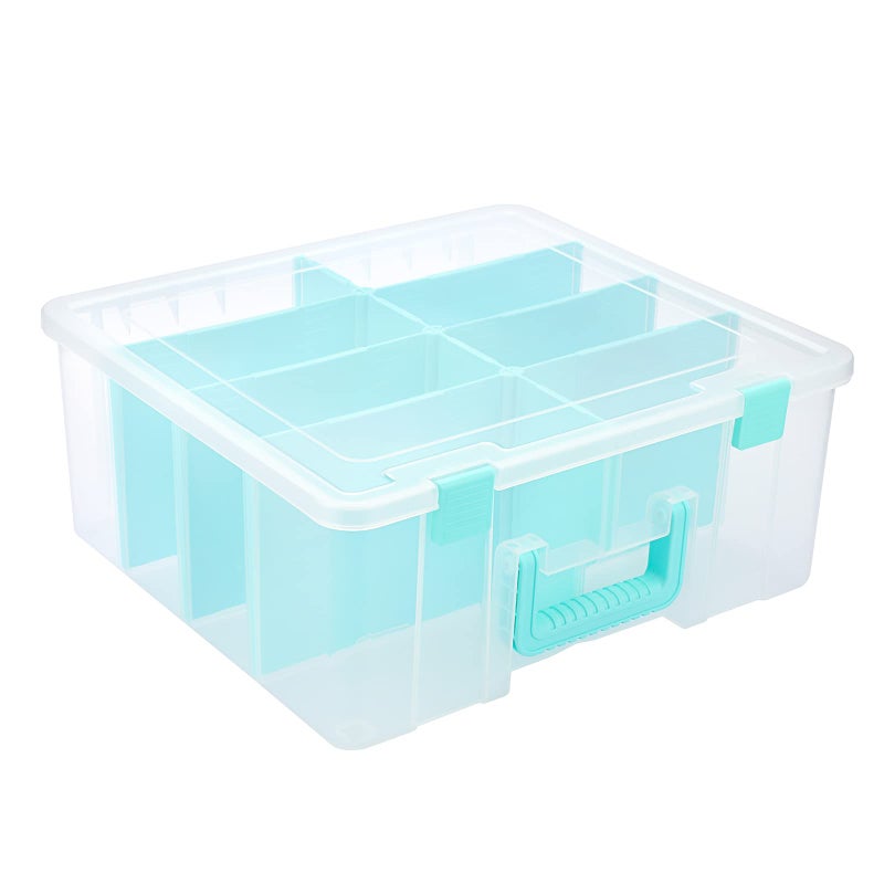 BTSKY Clear Plastic Dividing Storage Box with 8 Deep Compartments Adjustable Storage Bin with Lid Portable Craft Storage Container Multipurpose Sewing Box Art Supply Organizer, 15.1x13.9x6.1 Inches - Image 1