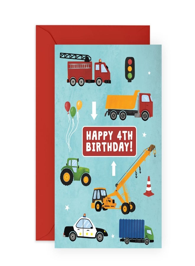 CENTRAL 23 Colorful Fourth Birthday Card for Boys - Happy 4th Birthday - Age 4 - Four Year Old - Truck, Tractor, and Car Greeting Card - Fun Vehicle Themed Card for Kids - Son, Grandson - Image 1