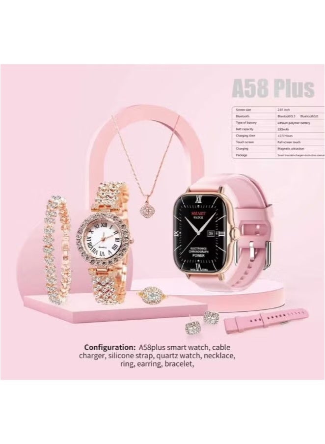 modio 5IN1 Smart Watch A58 Series Supports Bluetooth Call Ultra Long Endurance Sleep Monitoring + Additional Women's Diamond Set Small Gold Watch Necklace Ring Earrings Bracelet Set Gift Box  - Image 1