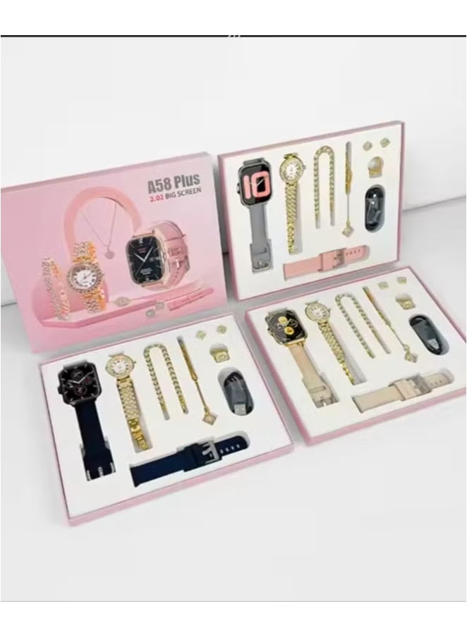 modio 5IN1 Smart Watch A58 Series Supports Bluetooth Call Ultra Long Endurance Sleep Monitoring + Additional Women's Diamond Set Small Gold Watch Necklace Ring Earrings Bracelet Set Gift Box  - Image 3