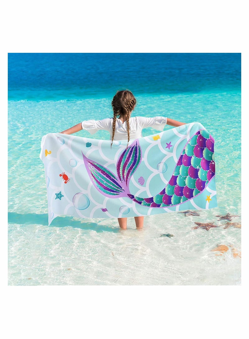 Kids Microfiber Beach Towel Large 150x70CM Cute Mermaid Lightweight Sand Free Fast Quick Dry Travel Pool Blanket Pefect for Children Gym Camping Yoga Outdoor Picnic - Image 1