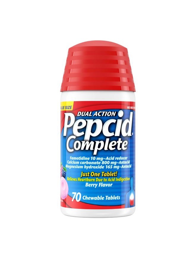 Pepcid مخفض حمض كامل + مضغوط مضاد للحموضة، 10 ملغ فاموتيدين، 800 ملغ كربونات الكالسيوم و 165 ملغ هيدروكسيد المغنيسيوم لكل قرص دواء للحموضة، مضغ مضاد للحموضة، بنكهة التوت، 70 حبة - Image 1