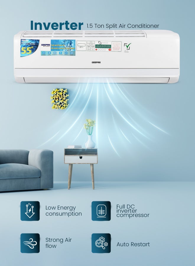 GEEPAS 1.5 Ton Split Type Inverter Air Conditioner | 10 Years Compressor Warranty | Fast Cooling, 4D Air Flow, Self Cleaning, Golden Fin Protection, R32 Refrigerant 2400 W GACS1828RCA white - Image 2