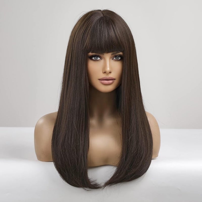 اي سي اي اف باروكة شعر صناعي طويلة بنية داكنة من ECIF للنساء، باروكة شعر صناعي بغرة أنيقة للنساء ذوات البشرة البيضاء - Image 3