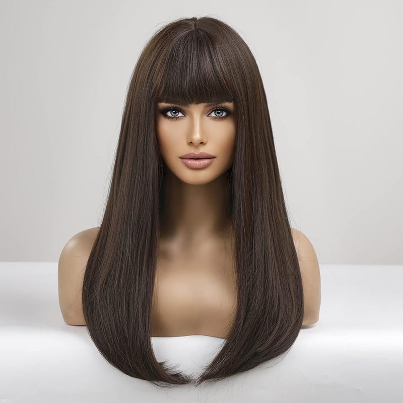 اي سي اي اف باروكة شعر صناعي طويلة بنية داكنة من ECIF للنساء، باروكة شعر صناعي بغرة أنيقة للنساء ذوات البشرة البيضاء - Image 2