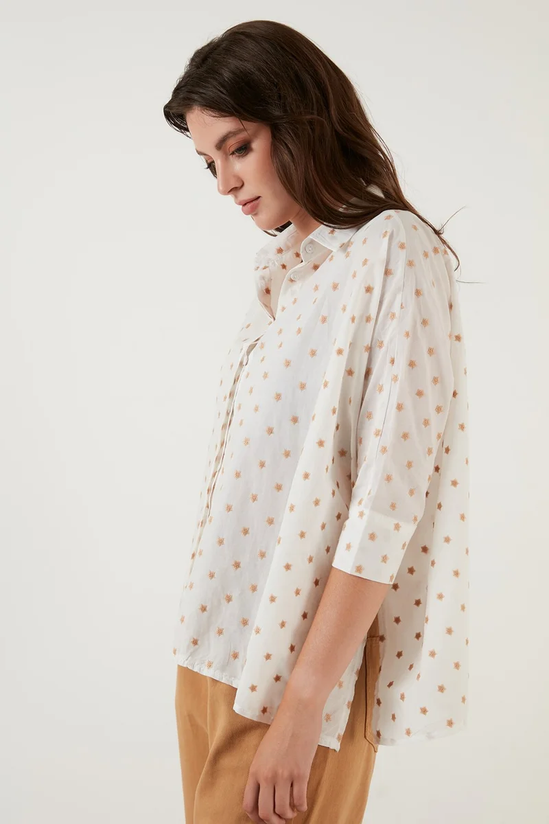 Lela Oversize Fit Star Patterned Three Quarter Sleeve 100% Cotton Shirt Women's SHIRT 6058192