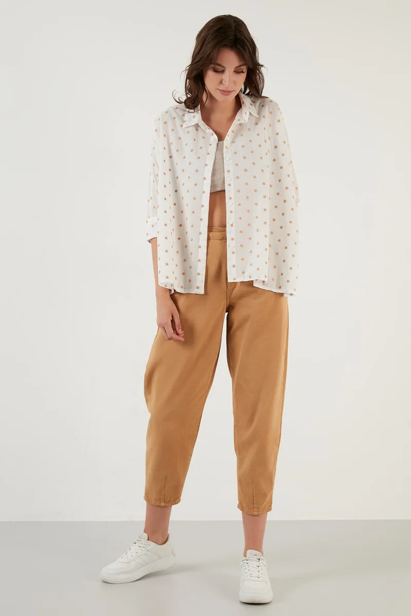 Lela Oversize Fit Star Patterned Three Quarter Sleeve 100% Cotton Shirt Women's SHIRT 6058192