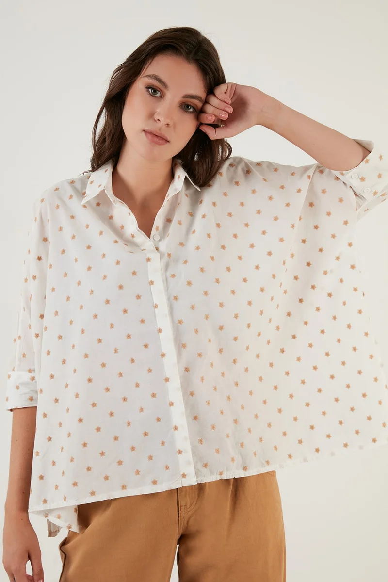 Lela Oversize Fit Star Patterned Three Quarter Sleeve 100% Cotton Shirt Women's SHIRT 6058192